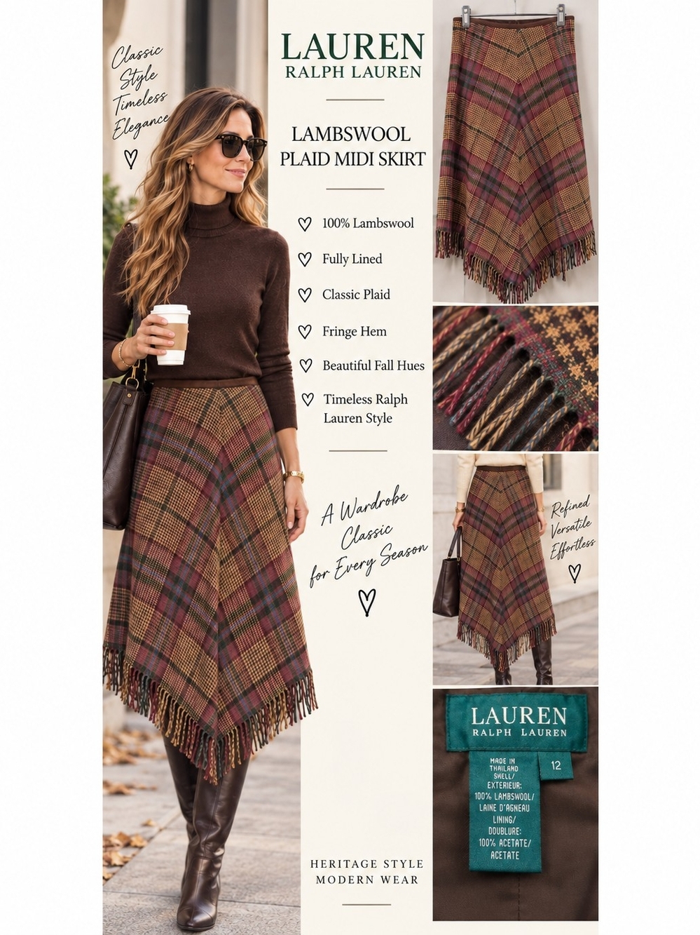 Lauren Ralph Lauren 100% Lambswool Plaid Fringe Midi Skirt Size 12